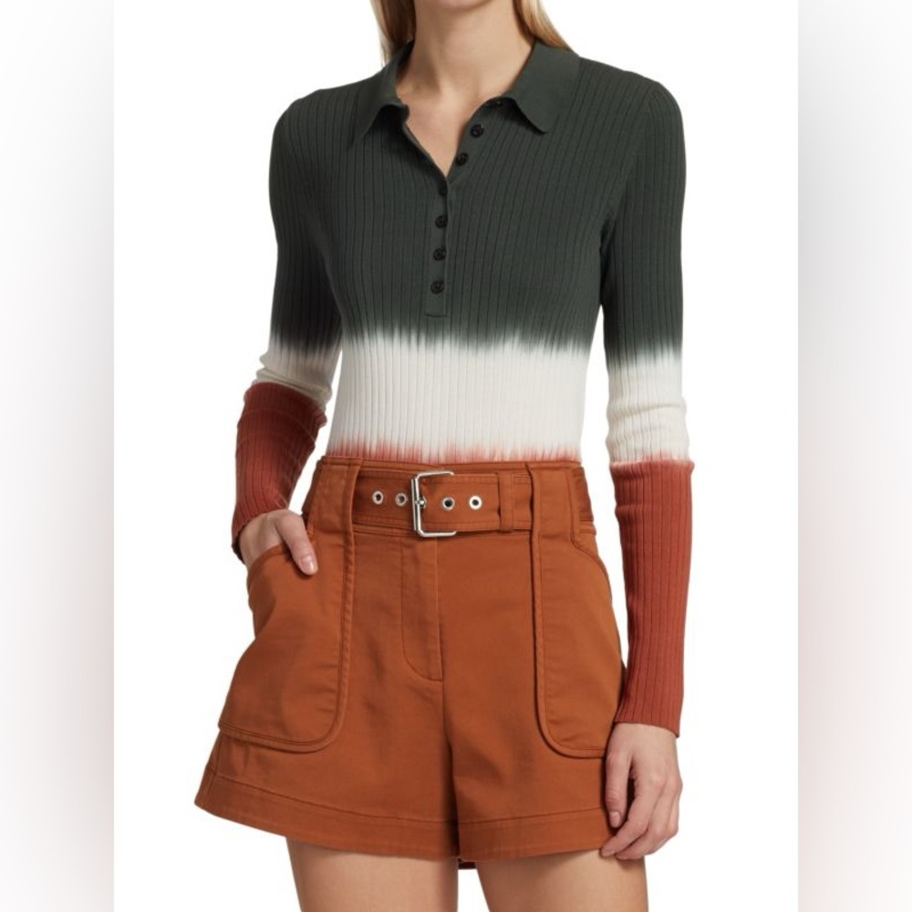 DEREK LAM 10 CROSBY Lisel Rib-Knit Long Sleeve Polo Shirt